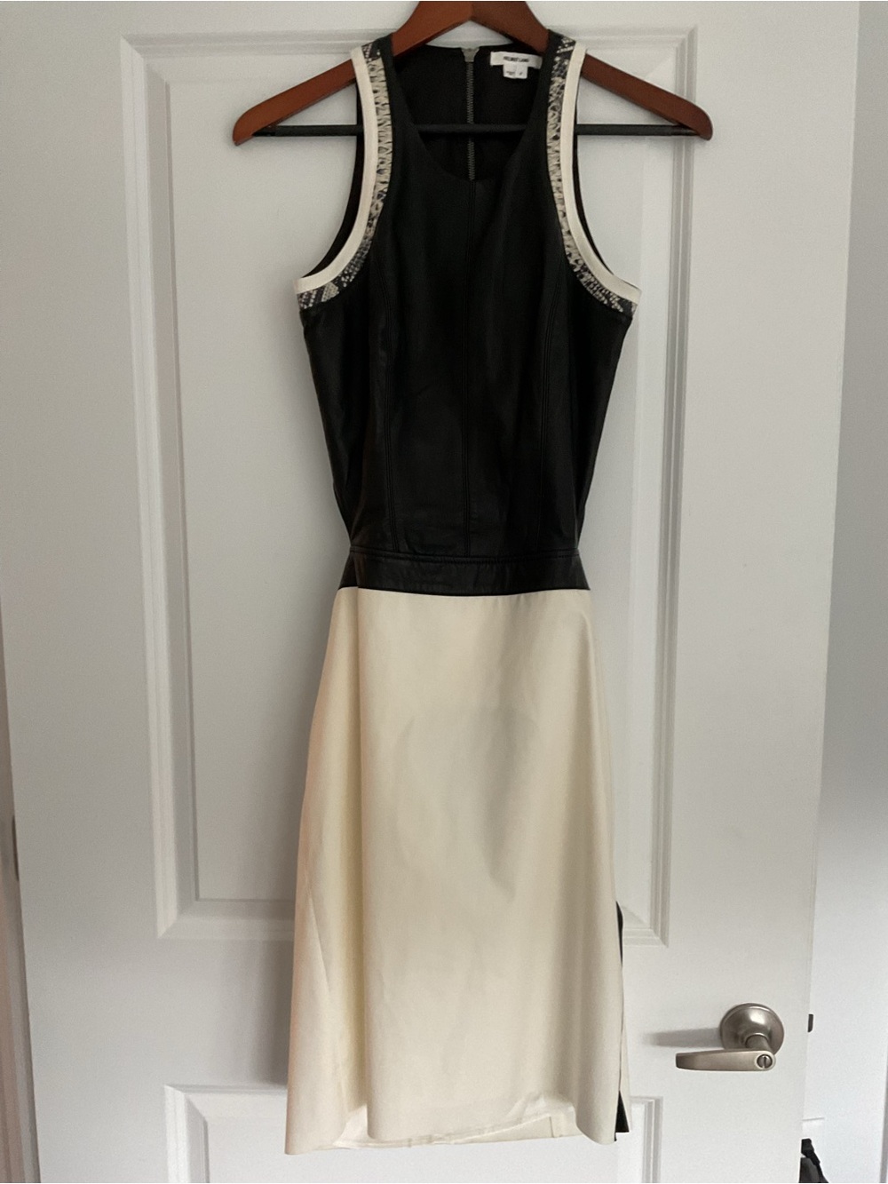 Helmut Lang black leather top over ivory skirt S-2 leather accents.